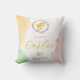 Pastel Watercolor Splashes And Chick Happy Easter Kudde