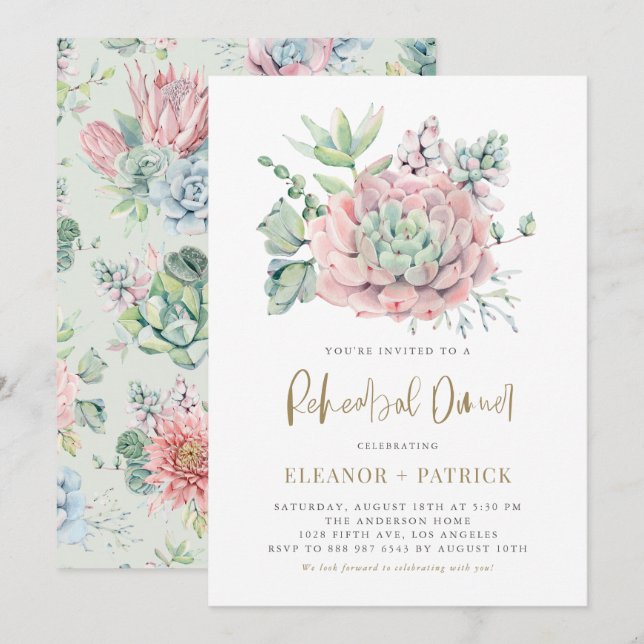 Pastel Watercolor Succulals Rehearsal Dinner Inbjudningar (Fram/baksida)