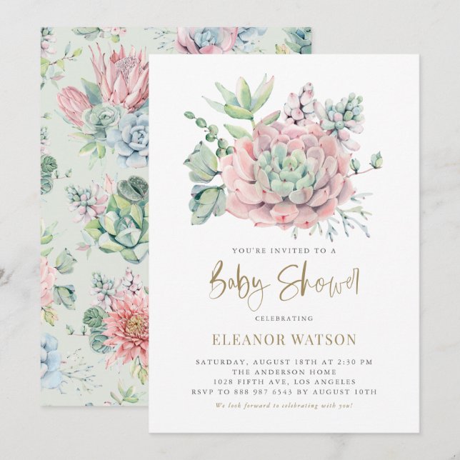 Pastel Watercolor Succulents Girl Baby Shower Inbjudningar (Fram/baksida)