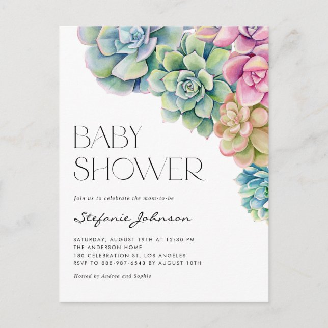 Pastel Watercolor Succulents Summer Baby Shower Inbjudan Vykort (Framsida)