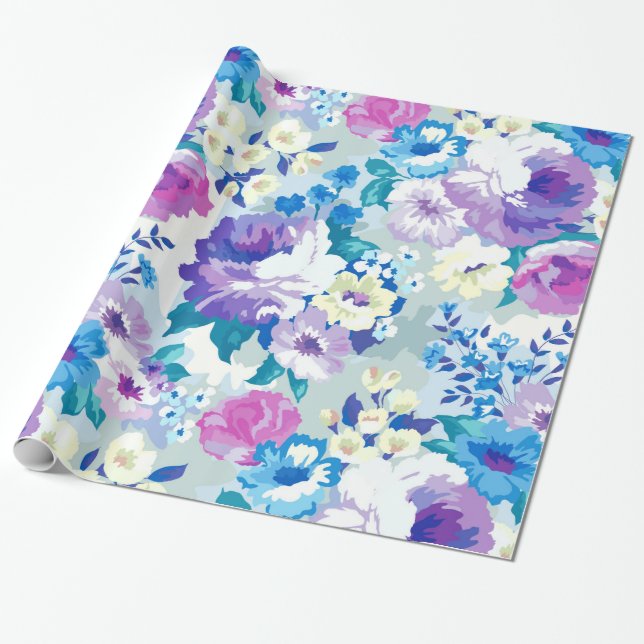 Pastel Watercolor Summer Flowers Mönster Presentpapper (Utrullad)