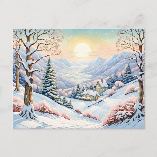 Pastel Watercolor Sunny Winter Ligcape Vykort (Framsida)