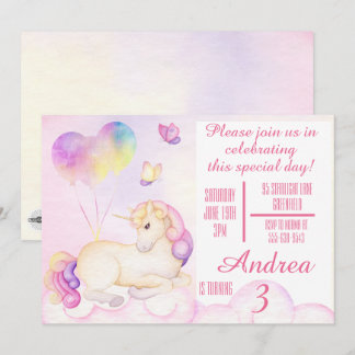 Pastel Watercolor Unicorn och Balloons Birthday Inbjudningar