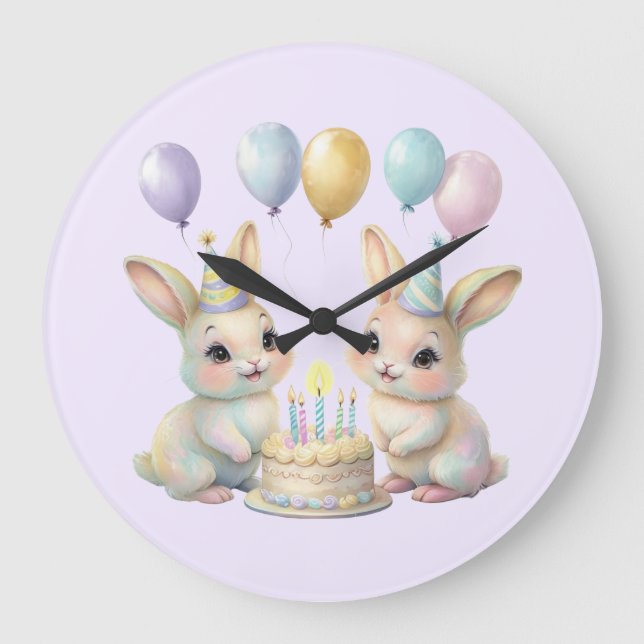 Pastel Whimsical Bunny Twins Birthday wall clock  Stor Klocka (Framsida)