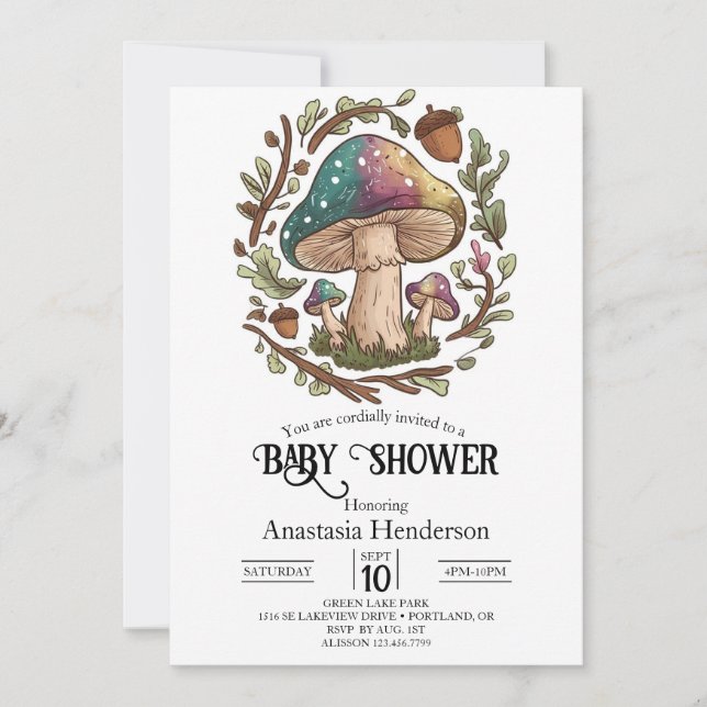 Pastel Whimsical Mushroom Baby Shower Digital Inbjudningar (Framsida)