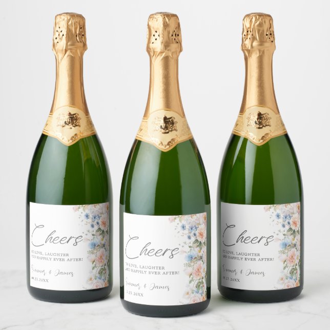 Pastel  White Blue Blommigt Cheers Bröllop (Flaskor)
