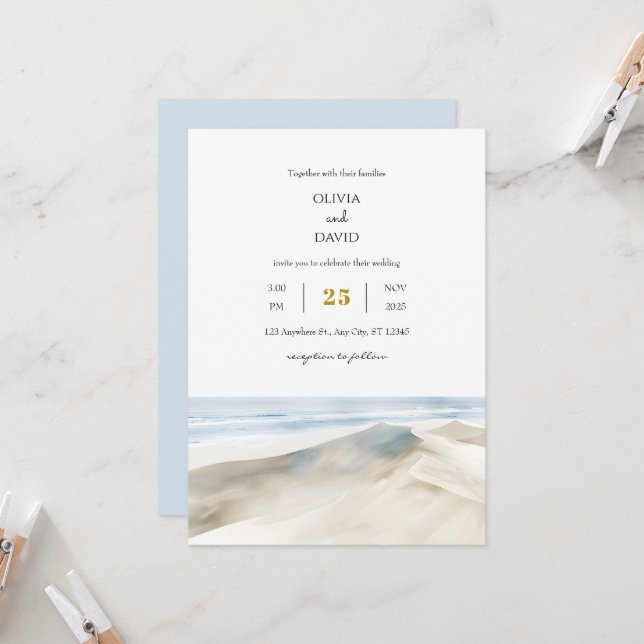 Pastel White Sandy Dunes Shoreline Beach Wedding Inbjudningar (Fram/Back In Situ)