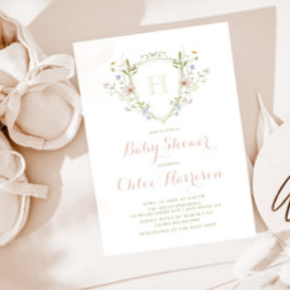Pastel Wildblomma Monogram Vapensköld Baby Shower Inbjudningar