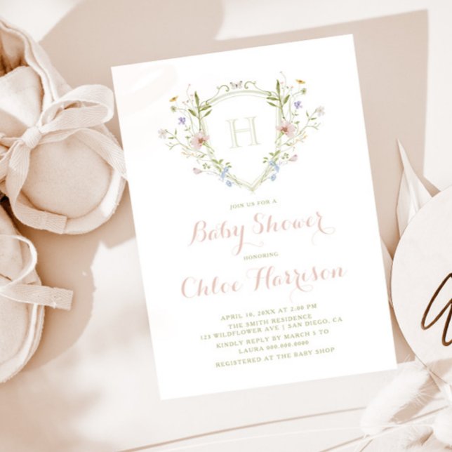 Pastel Wildblomma Monogram Vapensköld Baby Shower Inbjudningar (Skapare uppladdad)