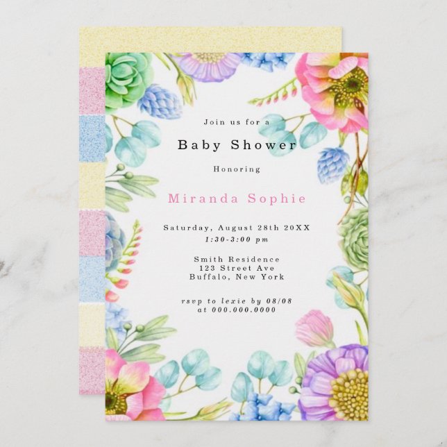 Pastel Wildblommes Blommigtar Neutralt Baby Shower Inbjudningar (Fram/baksida)