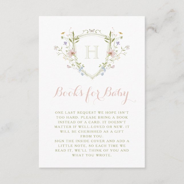Pastel Wildblommonogram Vapensköld Bokar för Baby Tilläggskort (Framsida)