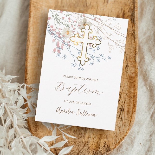 Pastel Wildblommor Baptism-inbjudan Inbjudningar (Skapare uppladdad)