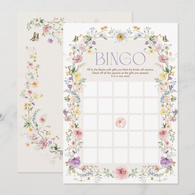 Pastel Wildblommor Bingo Möhippa-spelkort Inbjudningar (Fram/baksida)