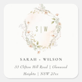 Pastel Wildbloms Blommigt Monogram Wandeans Adress Fyrkantigt Klistermärke
