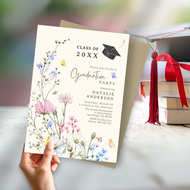 Pastel Wildbloms Studentfest utomhus Inbjudningar (Pastel Wildflower Outdoor Garden Graduation Party Invitation)