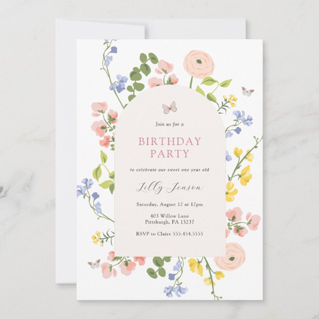 Pastel Wildflower Garden Birthday Invitation Inbjudningar (Framsida)