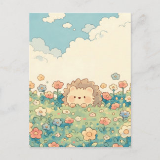 Pastel Wildflower Meadow Kawaii Hedgehog Vykort