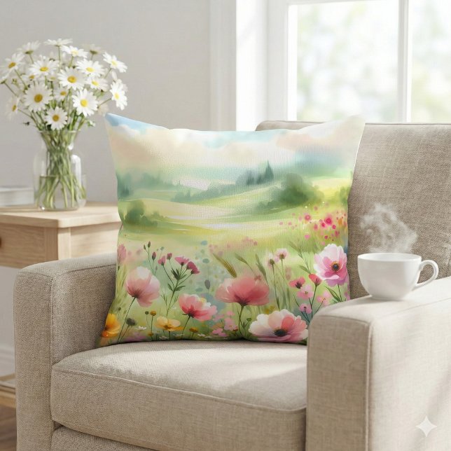 Pastel Wildflower Meadow Landscape Kudde (Pastel Wildflower Meadow Landscape Throw Pillow Mockup A)