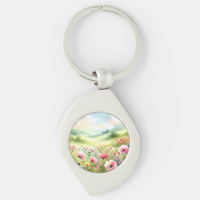 Pastel Wildflower Meadow Landscape Swirl Silverfärgad Nyckelring (Framsidan)