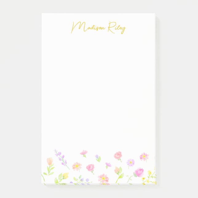 Pastel Wildflower Personalized Gold Post-It Notes Block (Framsida)