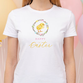 Pastel Willow Wreath And Yellow Chick Happy Easter T Shirt