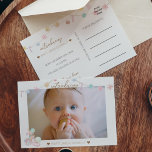 Pastel Winter Wonderland Photo Birth Notice Meddelande Vykort<br><div class="desc">Denna pastel Winter Wonderland Photo Birth-annons är en betäckande sockerplommonsaga, som har en ren, minimalistisk vit bakgrund för svart och guldbrun text med handskrivet skript och skapar ett enkelt och neutralt modernt stil. Denna klassiska arrangemang är sött förskönad med vackra julgranar av prydnadsföremål, polkagrisar, snöflingor, puff bollar och stjärnor, med...</div>