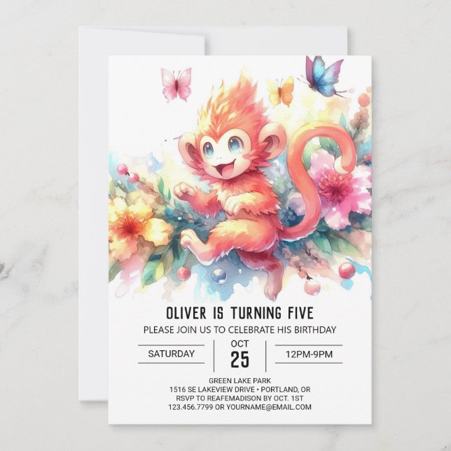 Pastel Woodland Monkey Birthday Inbjudningar (Framsida)