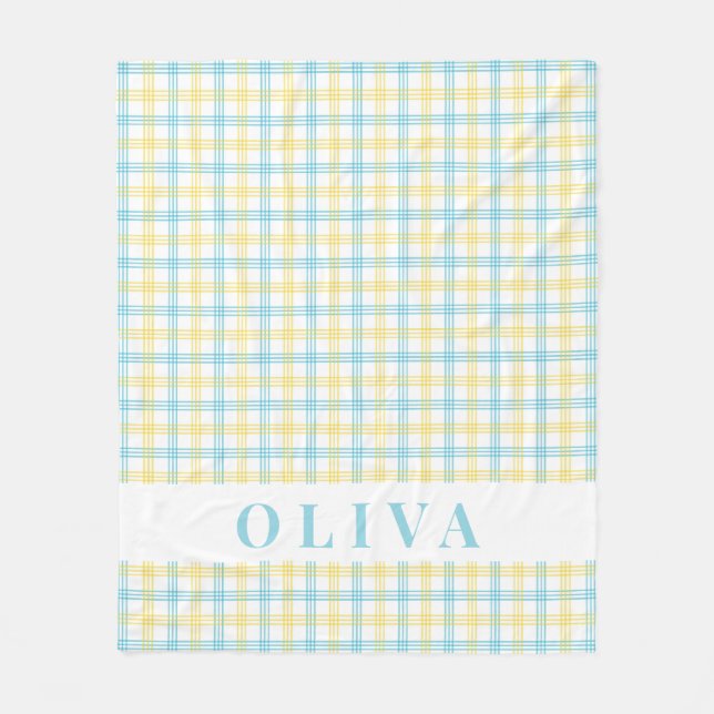 Pastel Yellow Blue Plaid Custom Name Fleecefilt (Framsidan)