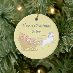Pastel Yellow Christmas Unicorn Santa's Sleigh Julgransprydnad Keramik