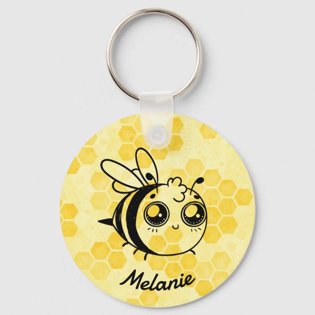 Pastel Yellow Honeycomb and Cute Bee Personalised Nyckelring (Framsida)