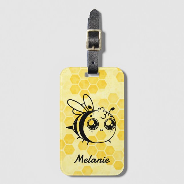 Pastel Yellow Honeycomb Cute Bee Personalised Bagagebricka (Framsida vertikal)
