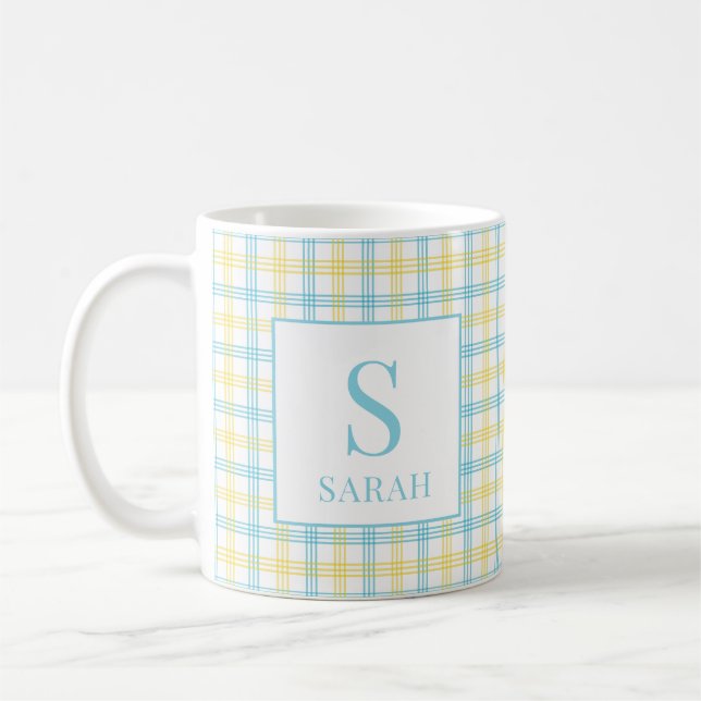 Pastel Yellow Plaid Spring Custom Name Initial Kaffemugg (Vänster)
