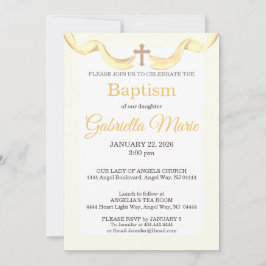 Pastel Yellow Ribbon Cross Watercolor Baptism Inbjudningar