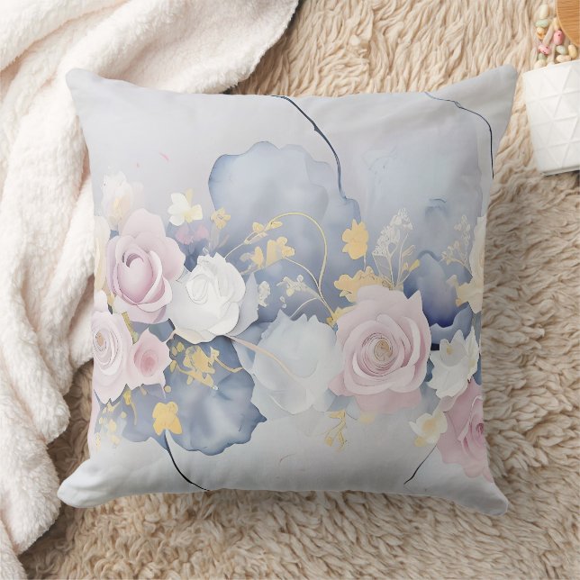 PASTELBLÅ MED ROSA OCH VIT ROS KUDDE (Filt)