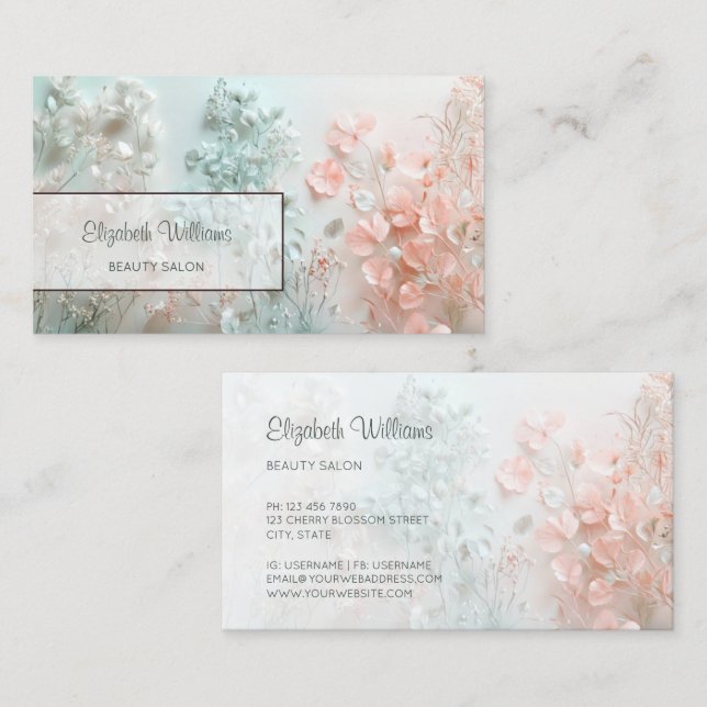 Pastell 3D Boho Blommor Visitkort (Fram/baksida)