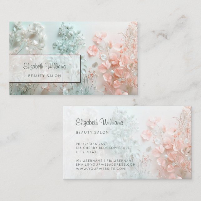 Pastell 3D Boho Blommor Visitkort (Fram/baksida)