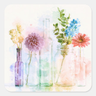 Pastell Akvarell Blombottar Floral Stilleben Fyrkantigt Klistermärke