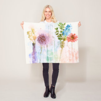 Pastell Akvarell Blombottor Blomstilleben Fleecefilt