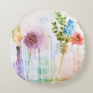 Pastell Akvarell Blomburkar Blomster Stilleben Rund Kudde