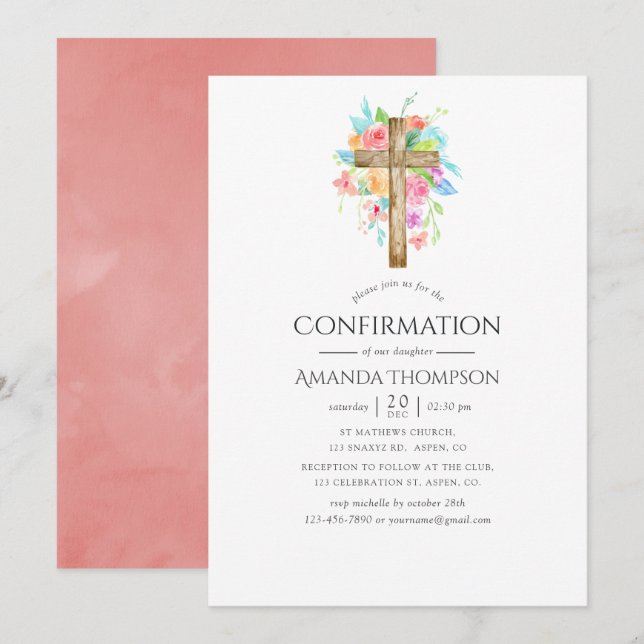 Pastell Akvarell Blommig Konfirmation Inbjudningar (Fram/baksida)
