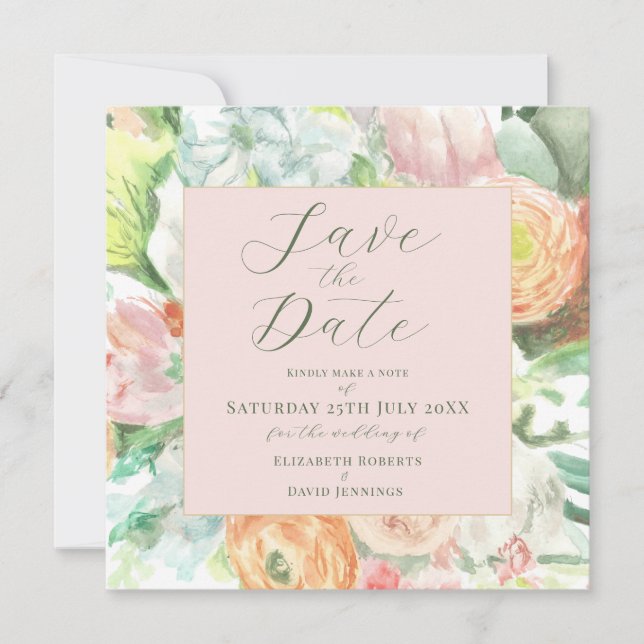 Pastell Akvarell Blommig Spara Datum Kort (Framsida)