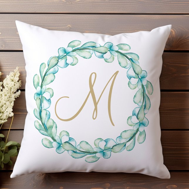 Pastell akvarell Eukalyptus Krans Monogram Kudde (Skapare uppladdad)