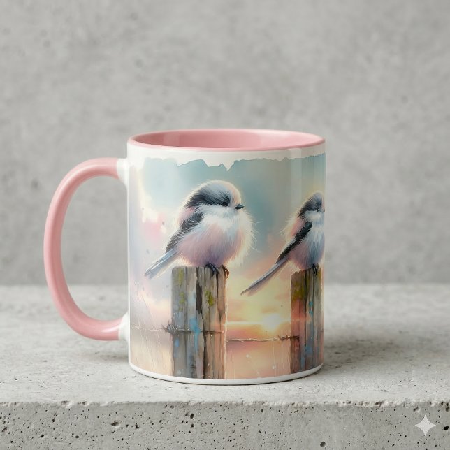 Pastell Akvarell Fåglar Staketstolpe Solnedgång Mugg (Pastel Watercolor Birds Fencepost Sunset Mug On Gray Counter)