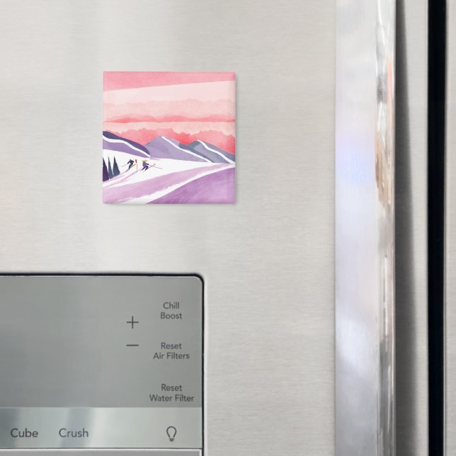 Pastell Akvarell Ski Berg Solnedgång Magnet (In Situ (Fridge))