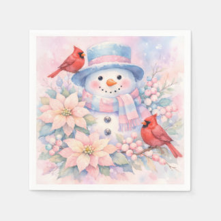 Pastell Akvarell Snöman, Poinsettia och Kardinal Pappersservett