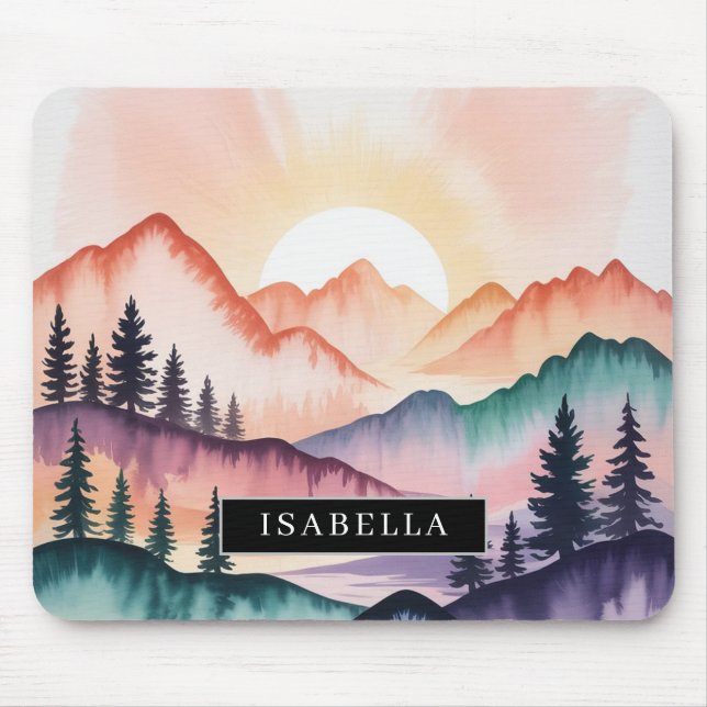 Pastell Akvarell Solnedgång Berg Musmatta (Framsidan)