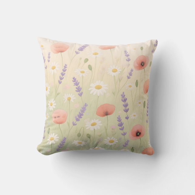 Pastell Äng med Vilda Blommor Mjuk Blomning Kudde (Framsida)