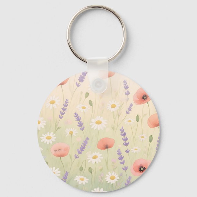 Pastell Äng med Vilda Blommor Mjuk Blomning Nyckelring (Framsida)