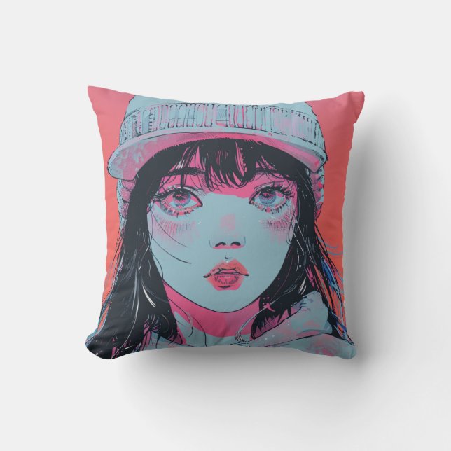Pastell Animeflicka i Beanie-konst Kudde (Framsida)