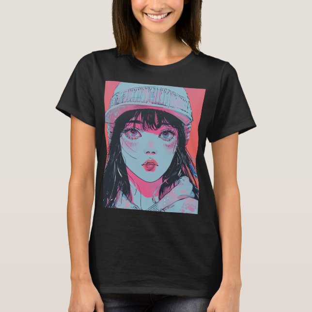 Pastell Animeflicka i Beanie-konst T Shirt (Framsida)